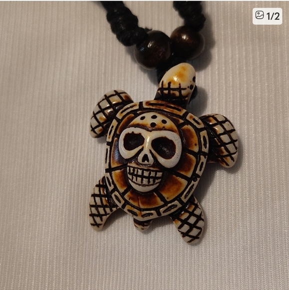 “Hand-Carved Turtle Skull Pendant Necklace — Boho Beach Tribal Jewelry” - Picture 4 of 5